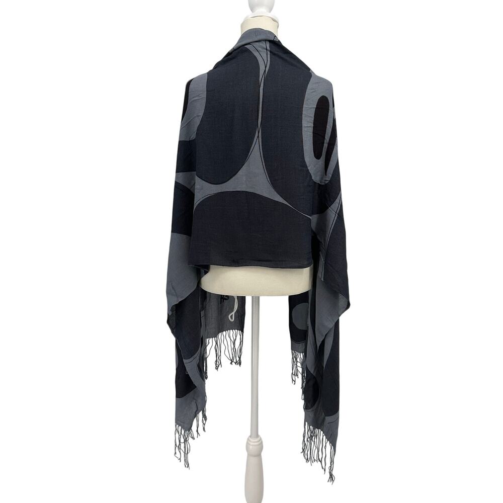 Corrine Hunt Scarf Gray Black Abstract Fringe Wrap Shawl Wool Blend Minimalist - Picture 8 of 10